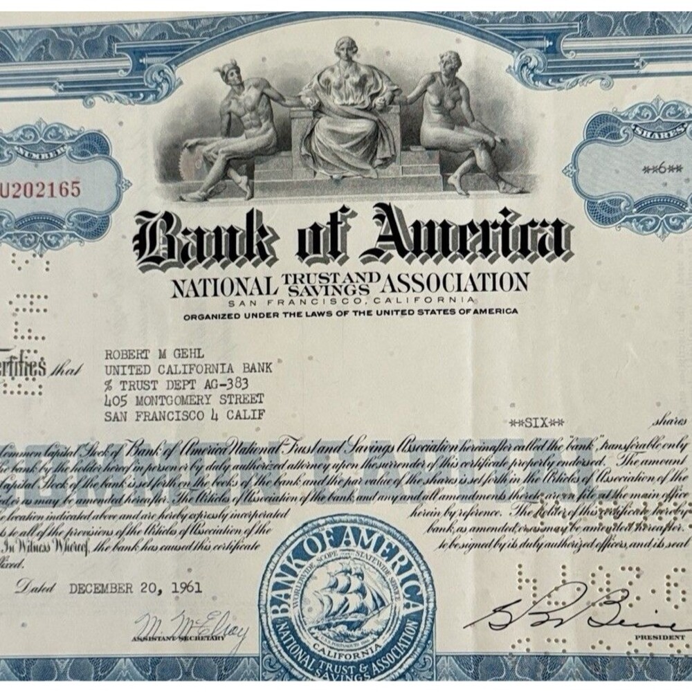 1961 Bank of America National Trust Stock Certificate San Francisco Scripophily